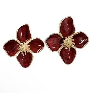 Elegant Gold Plated Floral Hibiscus Earrings Burgundy / Red NWT!